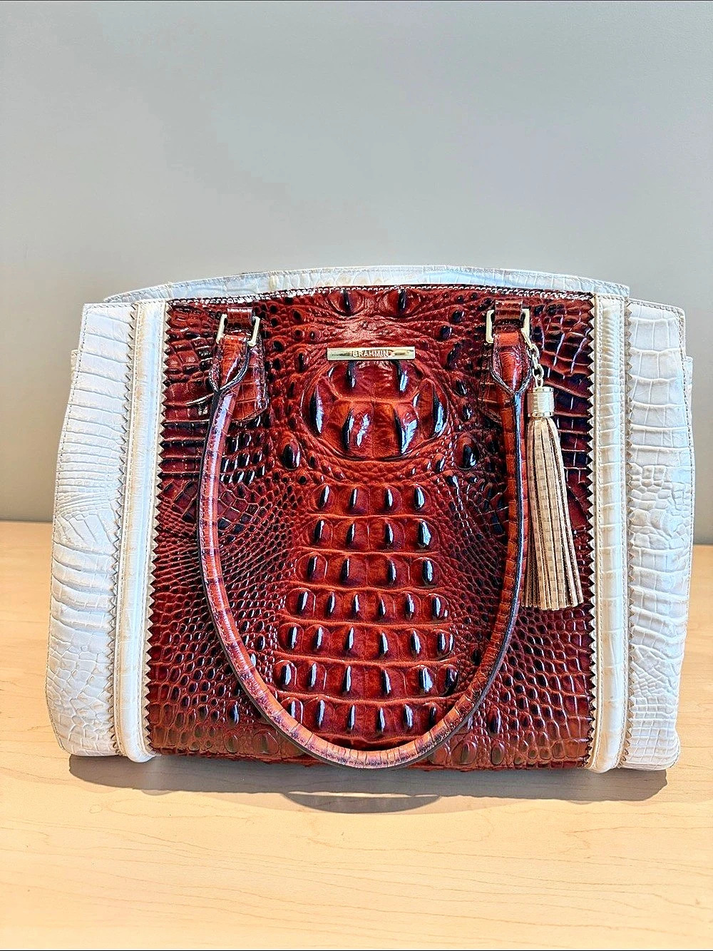 Brahmin Tote Crocodile-Embossed Brown & White Tote